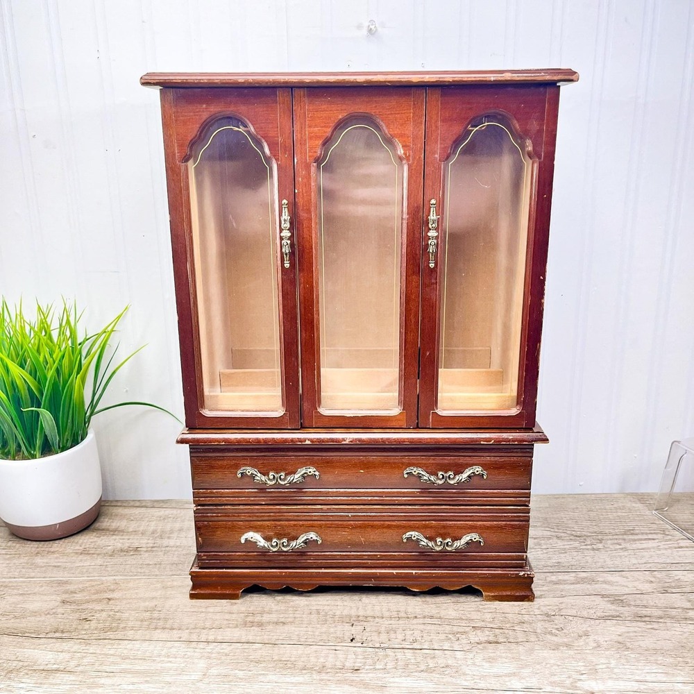 Large Vintage Oak Jewelry Box: 2 doors, 2 drawers, 2 necklace carousels